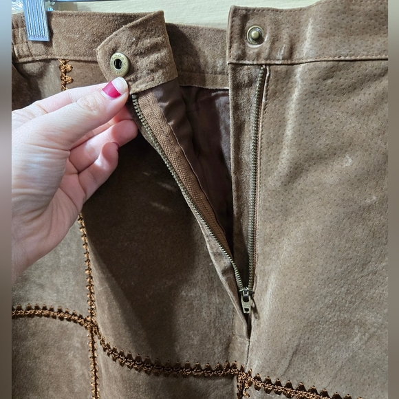 CBO New York Brown Leather Patchwork Midi Button Zip Elastic Waistband Skirt NWT - Picture 5 of 8